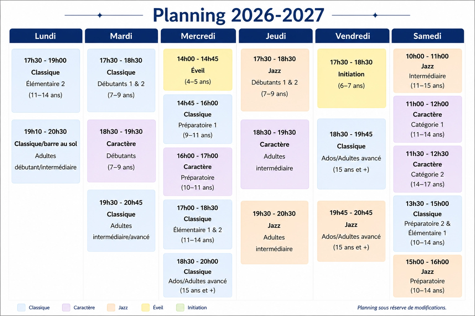 Planning original des cours de danse 2025-2026